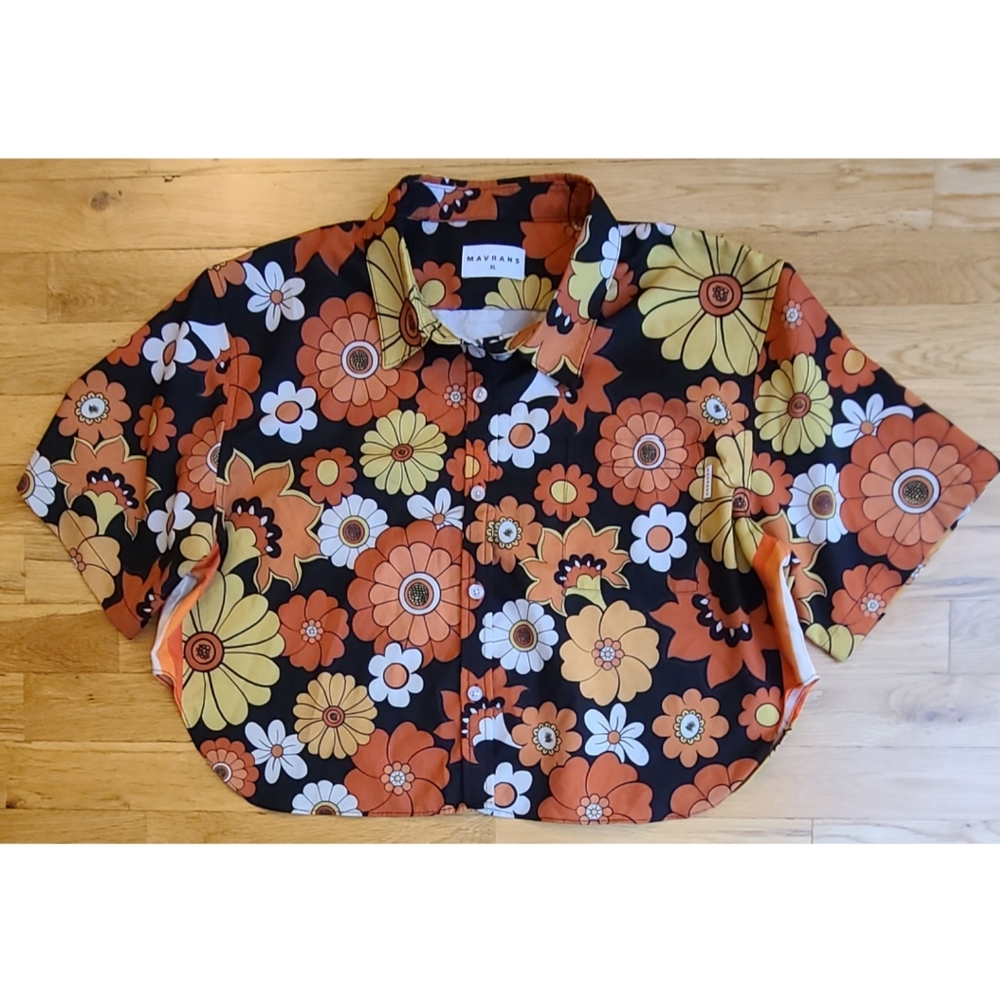 🆕️ Mavrans Flower Power Retro Crop Button Down Shirt Size XL 70s Dopamine Boho